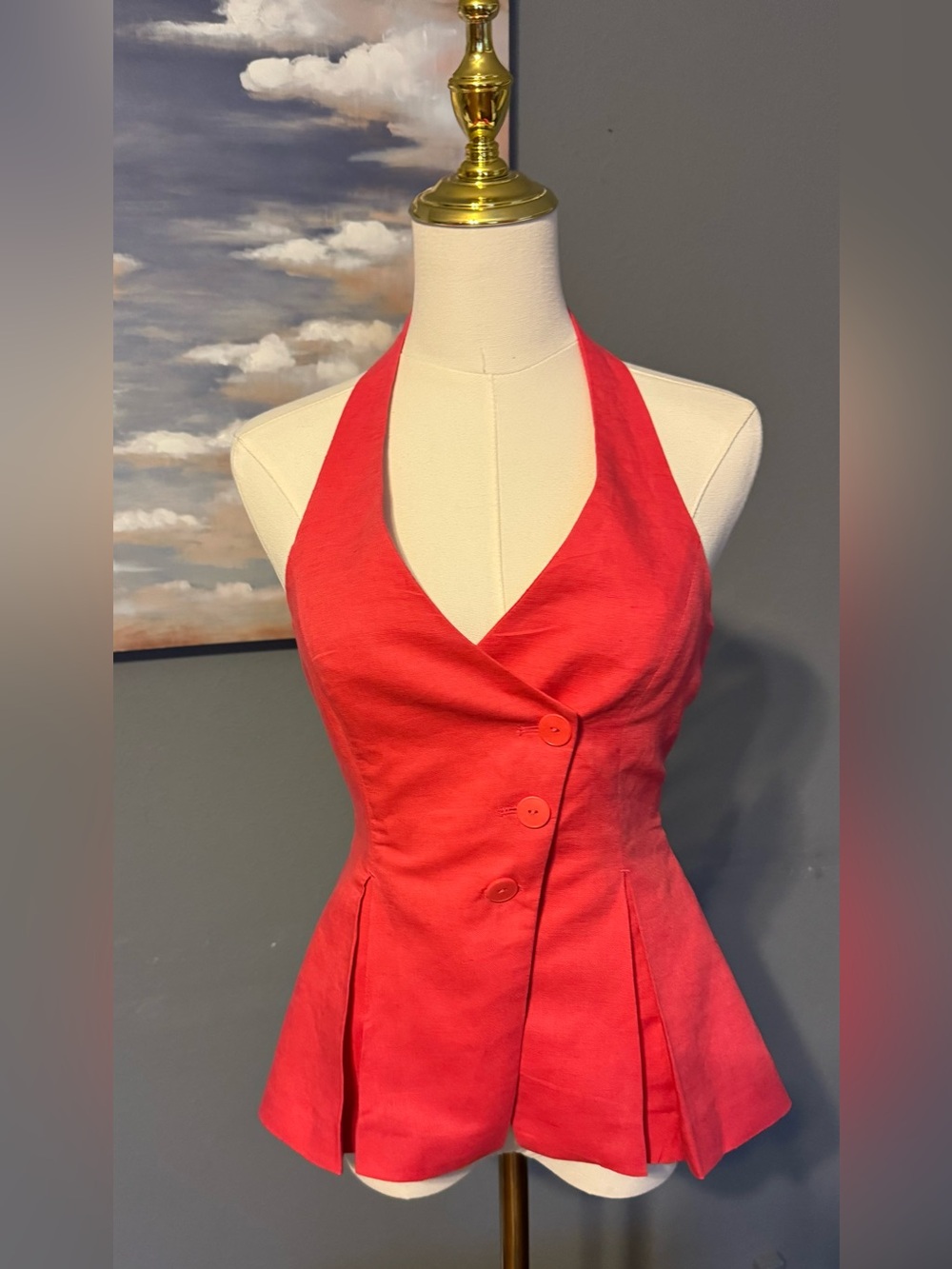 NWT Zara Women's Red  Linen Sleeveless Button Vest Tank Top Size XS